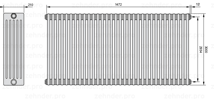 Схема (чертеж) Радиатор Zehnder Charleston 6300/32 №7610 Белый глянцевый RAL 9016